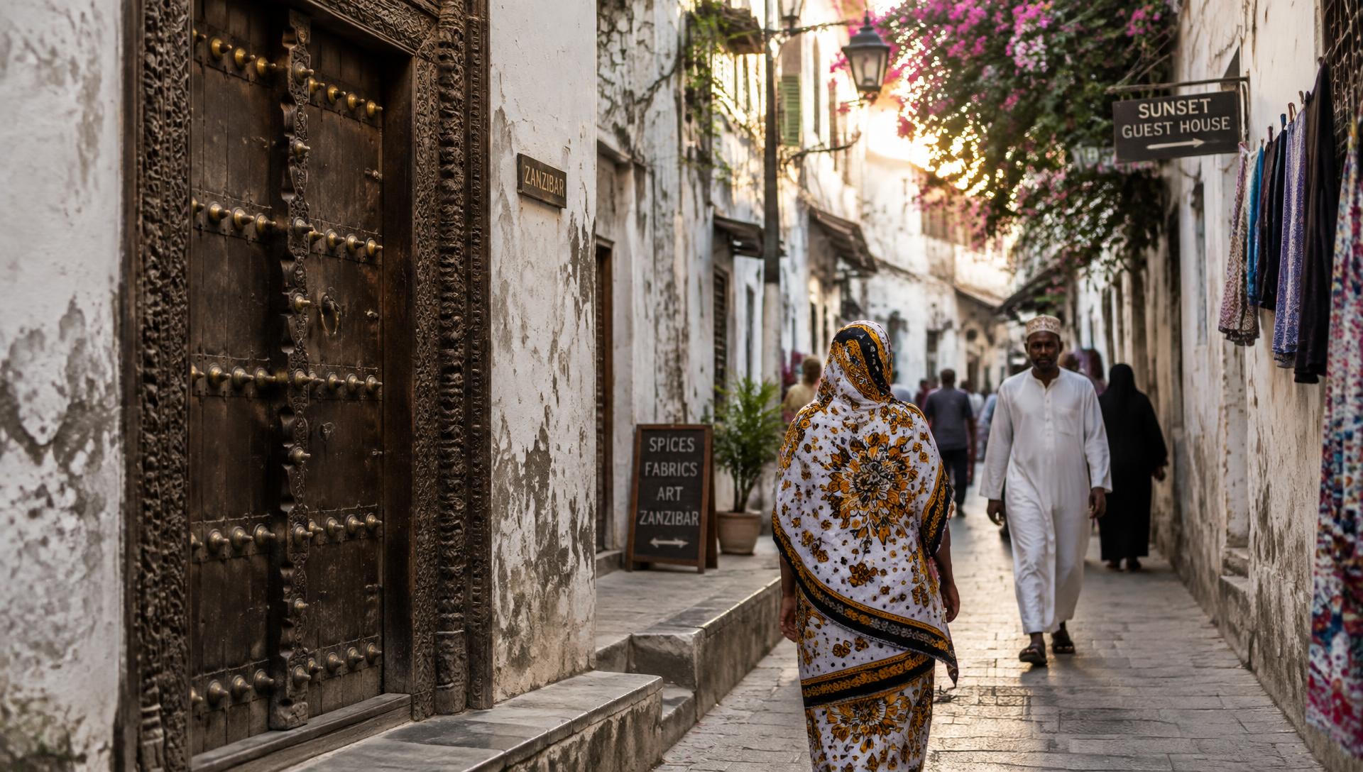 A carved Zanzibari door in a coral-stone alley of Stone Town with local people walking