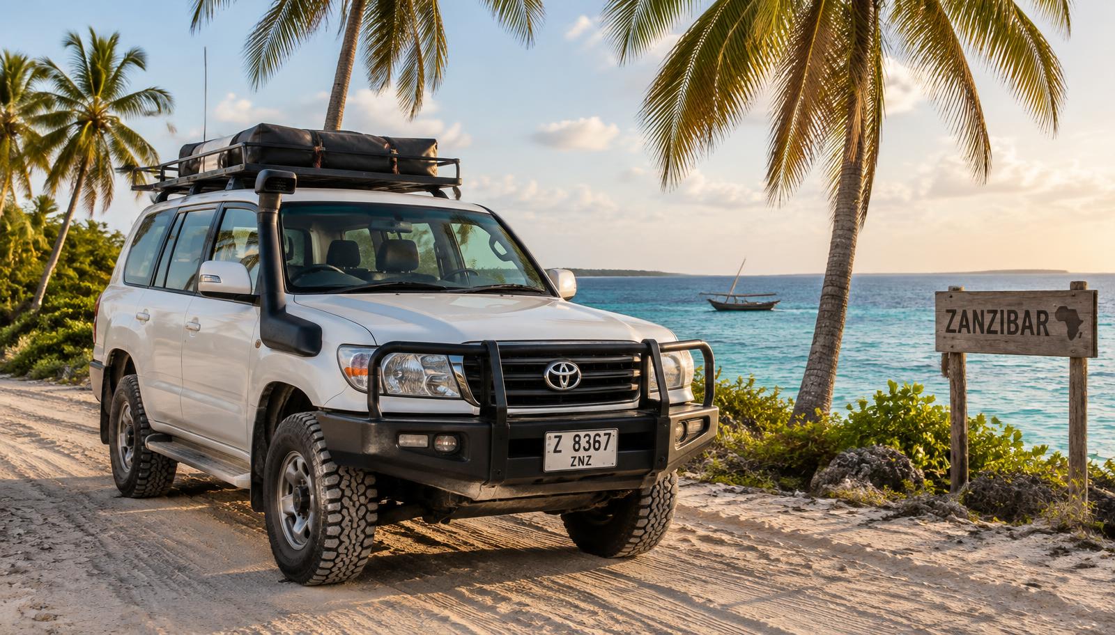 A white 4x4 parked on a sandy coastal road in Zanzibar