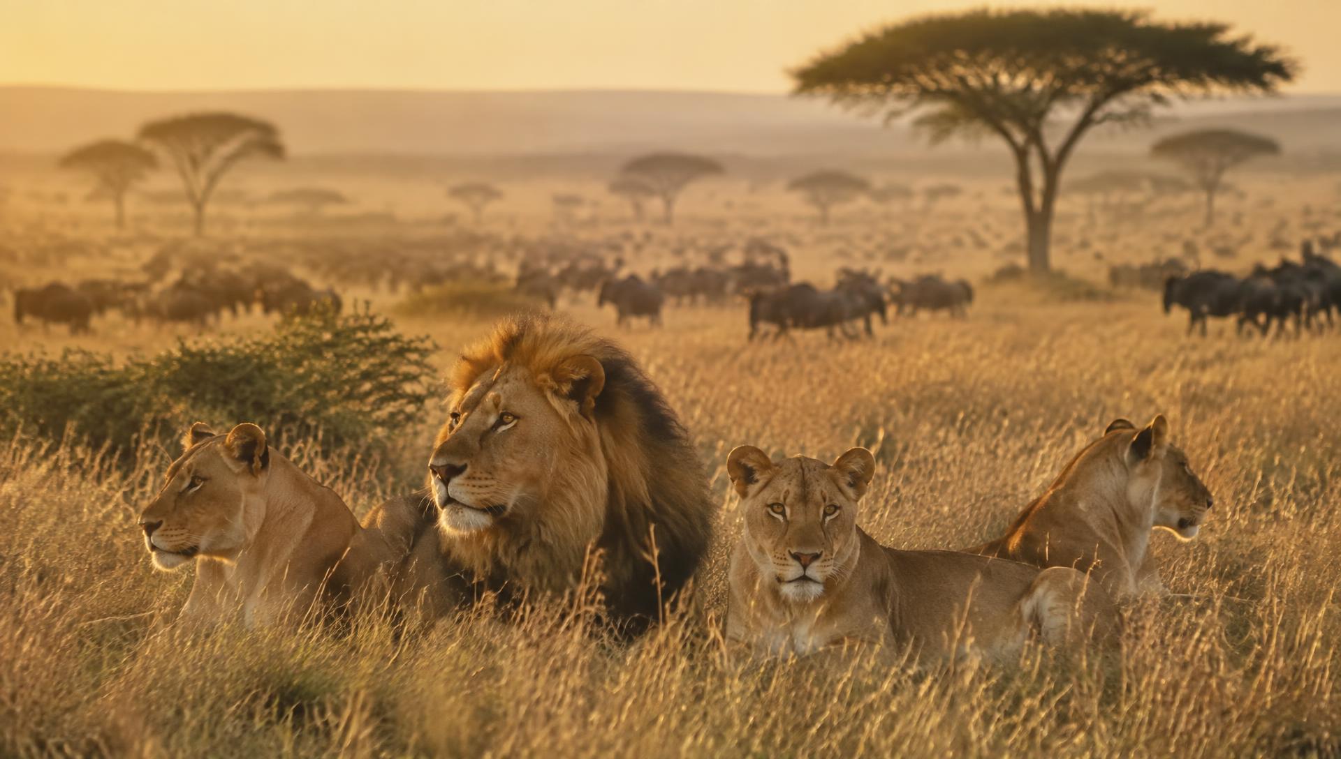 A pride of lions in the golden grass of the Serengeti with wildebeest herds behind